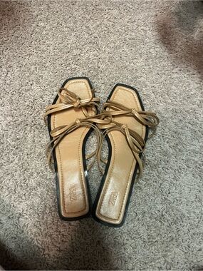 Zara Beige Knotted Lace-Up Square-Toe Mules